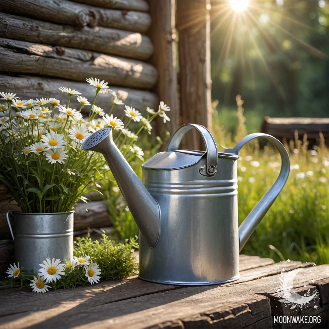 Винтажная потертая лейка, наполненная ромашками и полевыми травами, на фоне деревянной стены, залитая солнечными лучами.