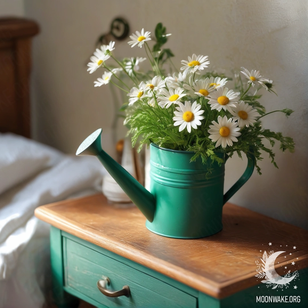 Винтажный зеленый поливатель с ромашками на ночном столике.