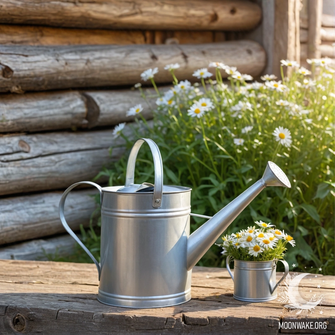 Винтажный shabby поливатель, украшенный ромашками и полевыми травами на фоне бревенчатой стены, освещенный нежными солнечными лучами.