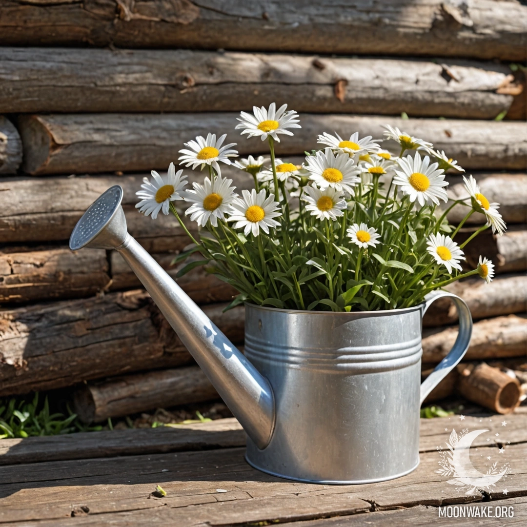 Винтажный поливочный шприц, наполненный ромашками и полевыми травами, на фоне бревенчатой стены, освещенный солнечными лучами.