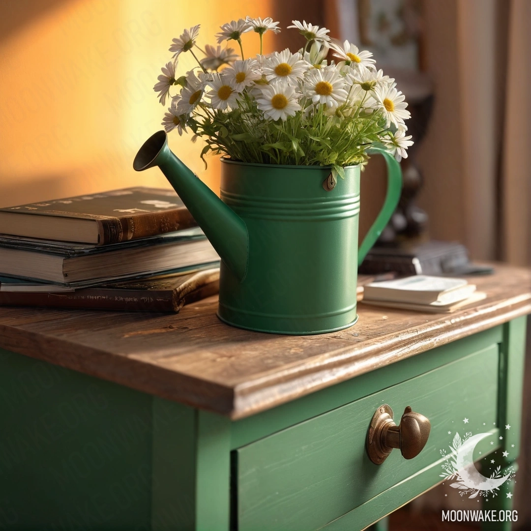 Старинный зеленый поливатель с ромашками на тумбочке при закате