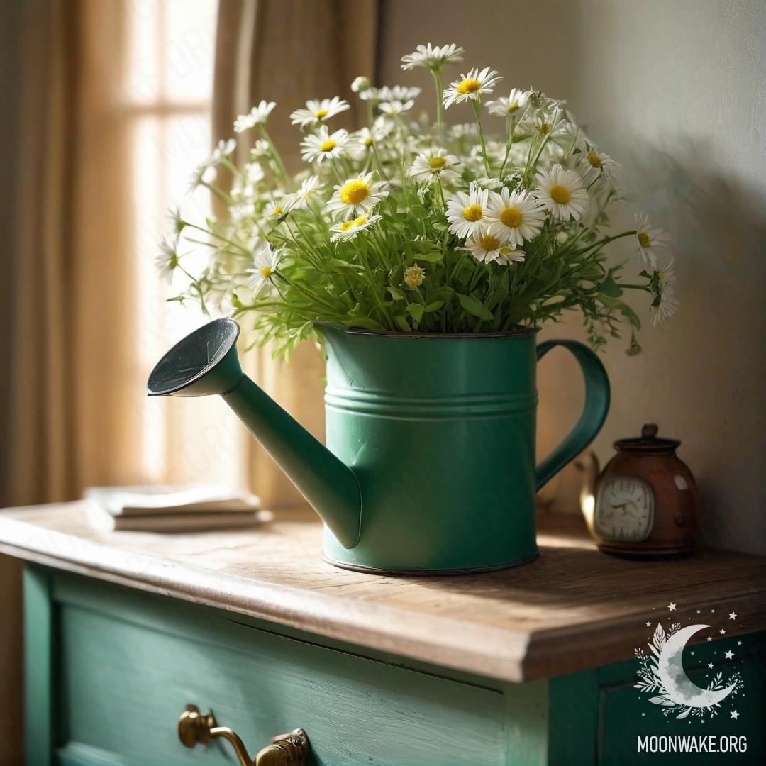 Старинный зеленый поливальник с ромашками на ночной тумбочке, освещенный солнечными лучами.