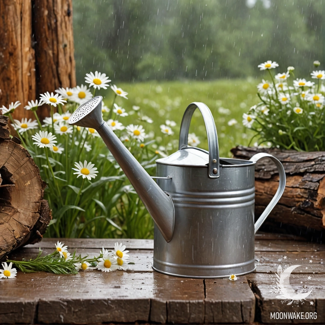 Винтажный облезлый поливальный чаша, наполненный ромашками и полевыми травами на фоне бревенчатой стены, нежно освещенный дождем.