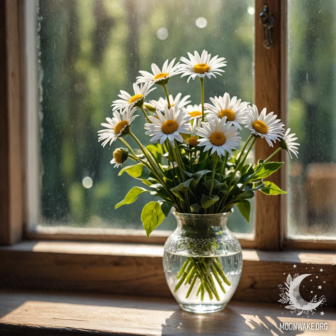 Стеклянная ваза с ромашками на винтажном деревянном подоконнике, освещенная солнечными лучами.