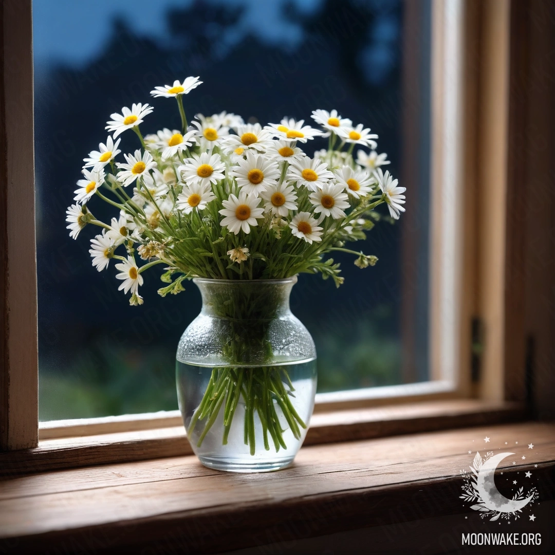 Винтажный деревянный подоконник с玻璃ной вазой, полной ромашек, ночью.