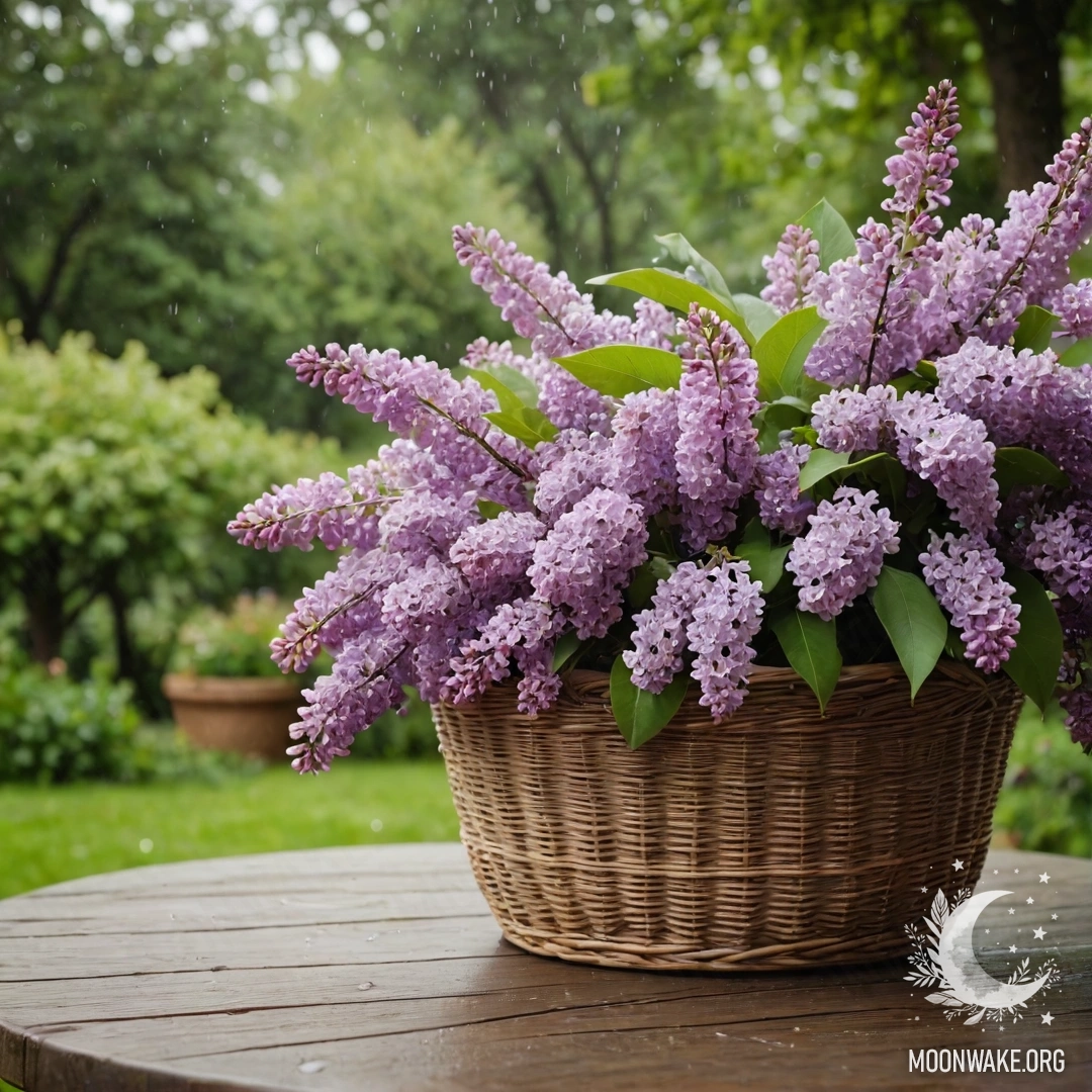 Старинный деревянный стол с корзиной сирени в саду, идёт дождь.