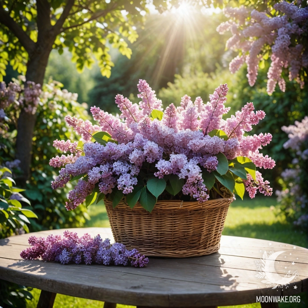 Винтажный деревянный стол с корзиной сирени в освещенном солнцем саду.