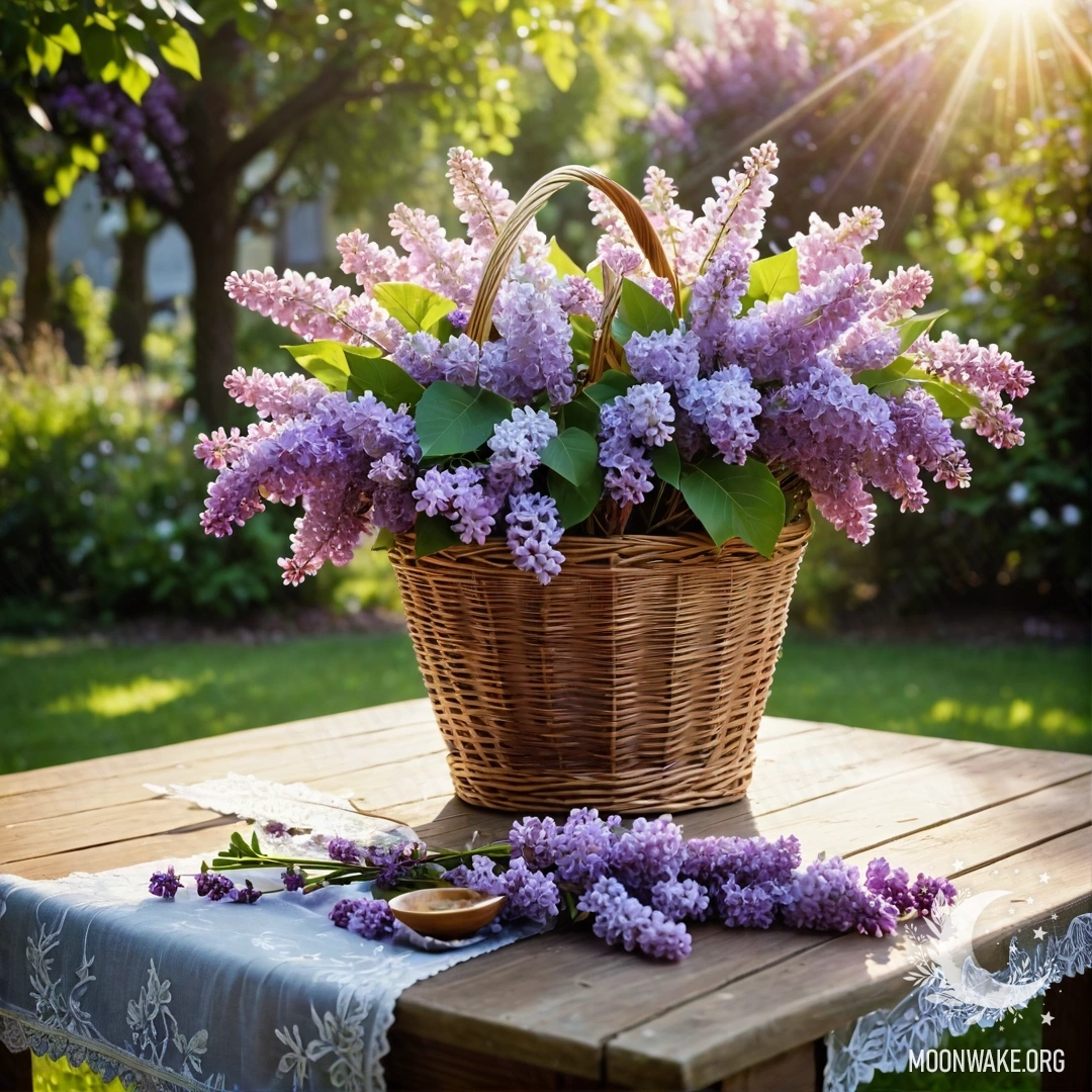 Винтажный деревянный стол, украшенный корзиной с сиренью в залитом солнцем саду.
