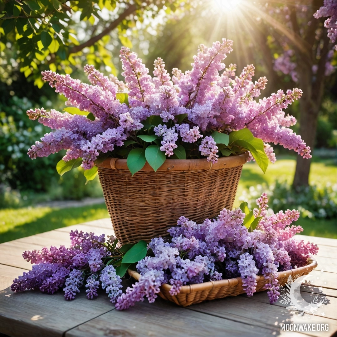 Деревянный стол, украшенный корзиной с сиренью в солнечном саду.