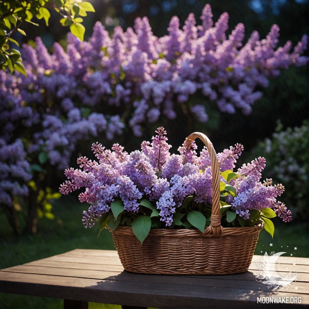 Винтажный деревянный стол с корзиной сиреней в саду ночью.