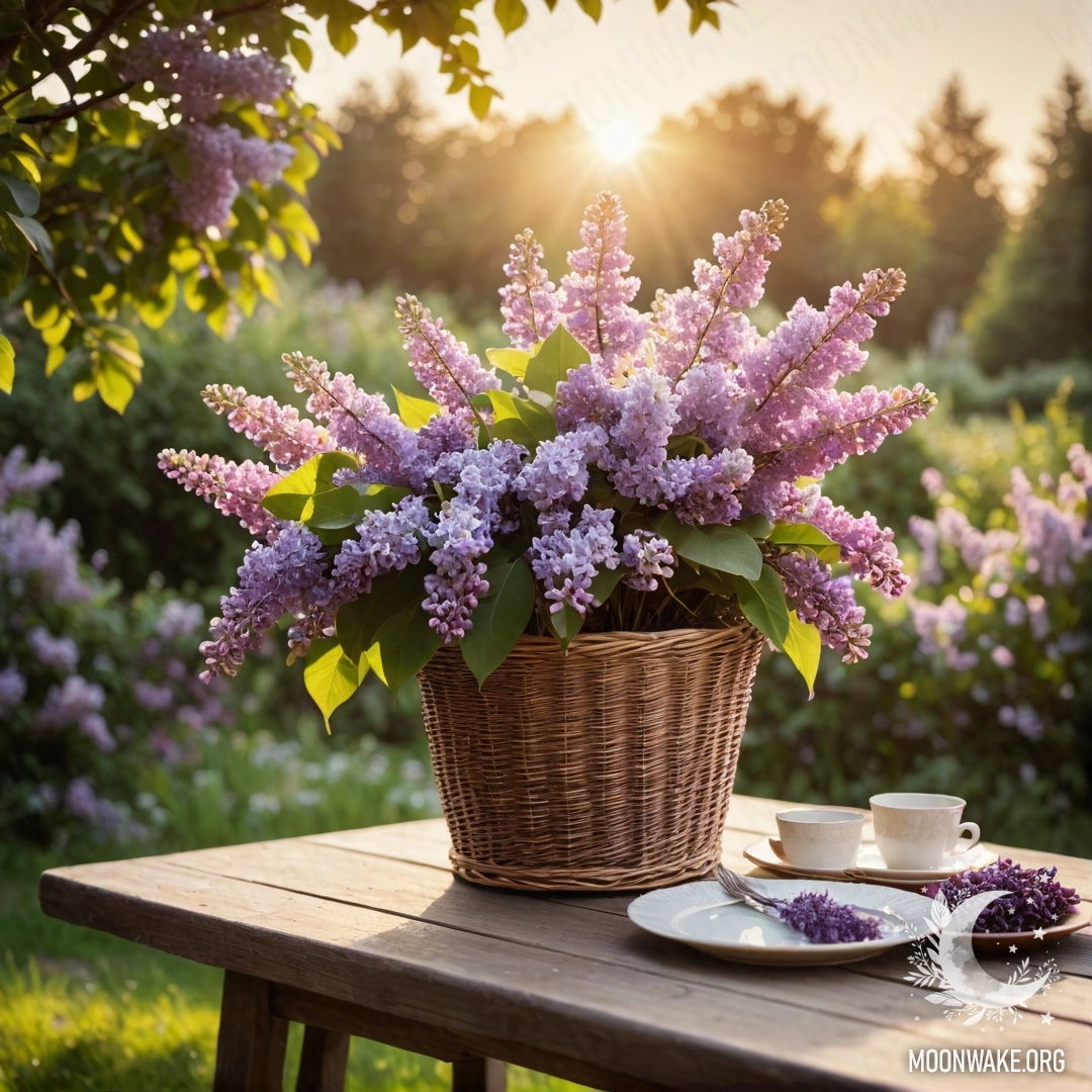 Старинный деревянный стол, украшаемый корзиной с сиренью в саду на закате.