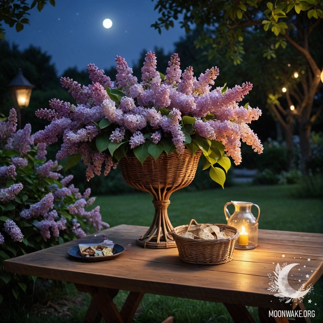 Красивый винтажный деревянный стол с корзиной сиреней в саду ночью.