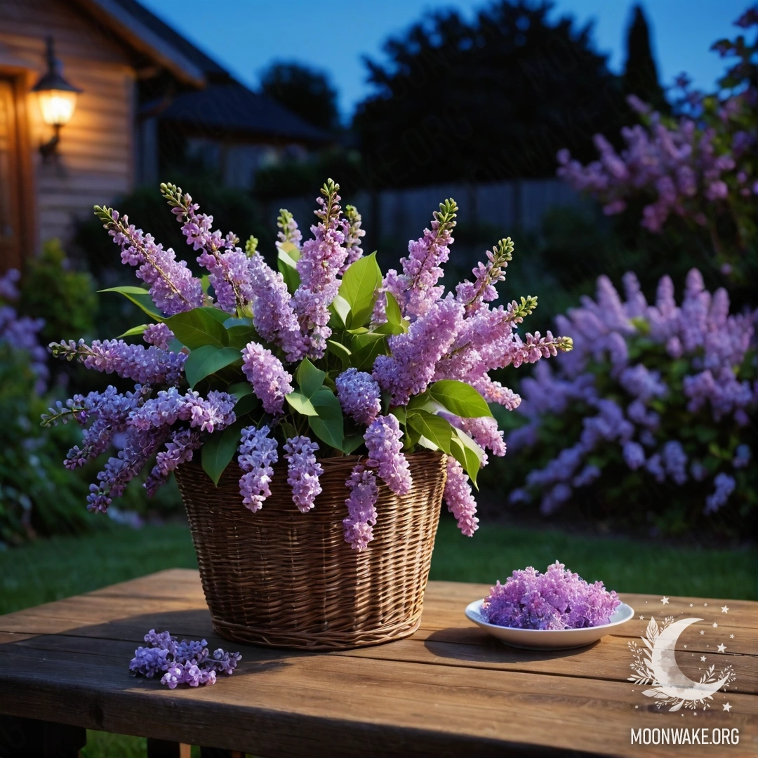 Винтажный деревянный стол и корзина с сиренью в саду ночью.