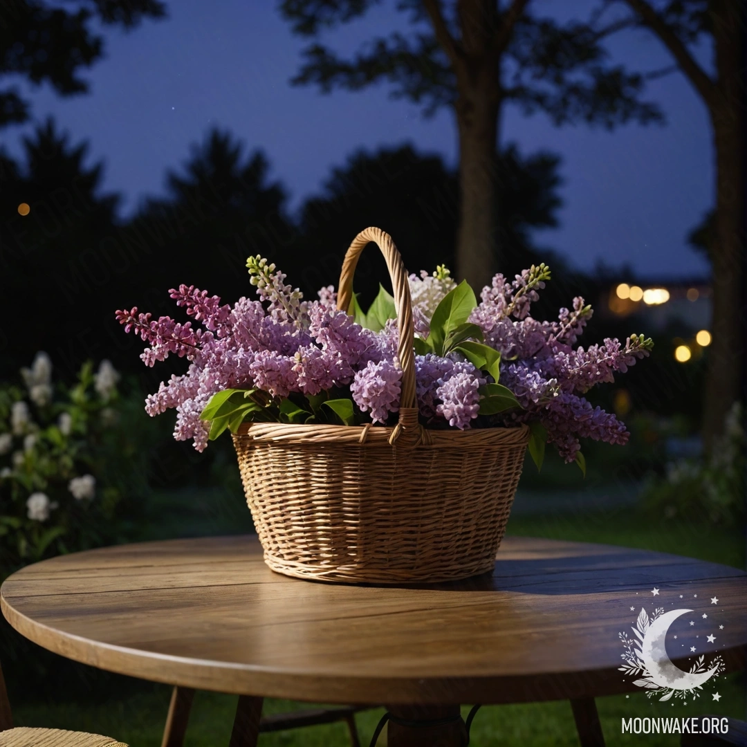 Винтажный деревянный стол с корзиной сирени в саду ночью.
