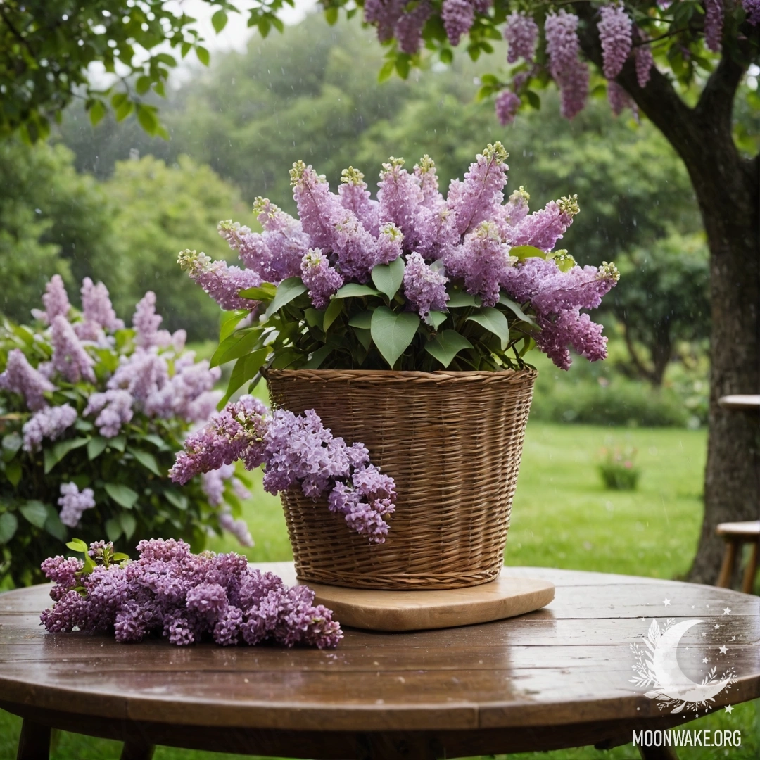 Мирный старинный деревянный стол с корзиной сирени в саду среди зелени под дождем.