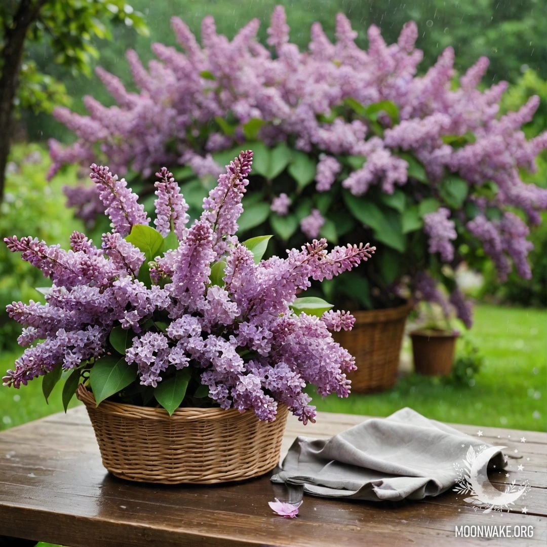 Винтажный деревянный стол рядом с корзиной сирени в саду под дождем.