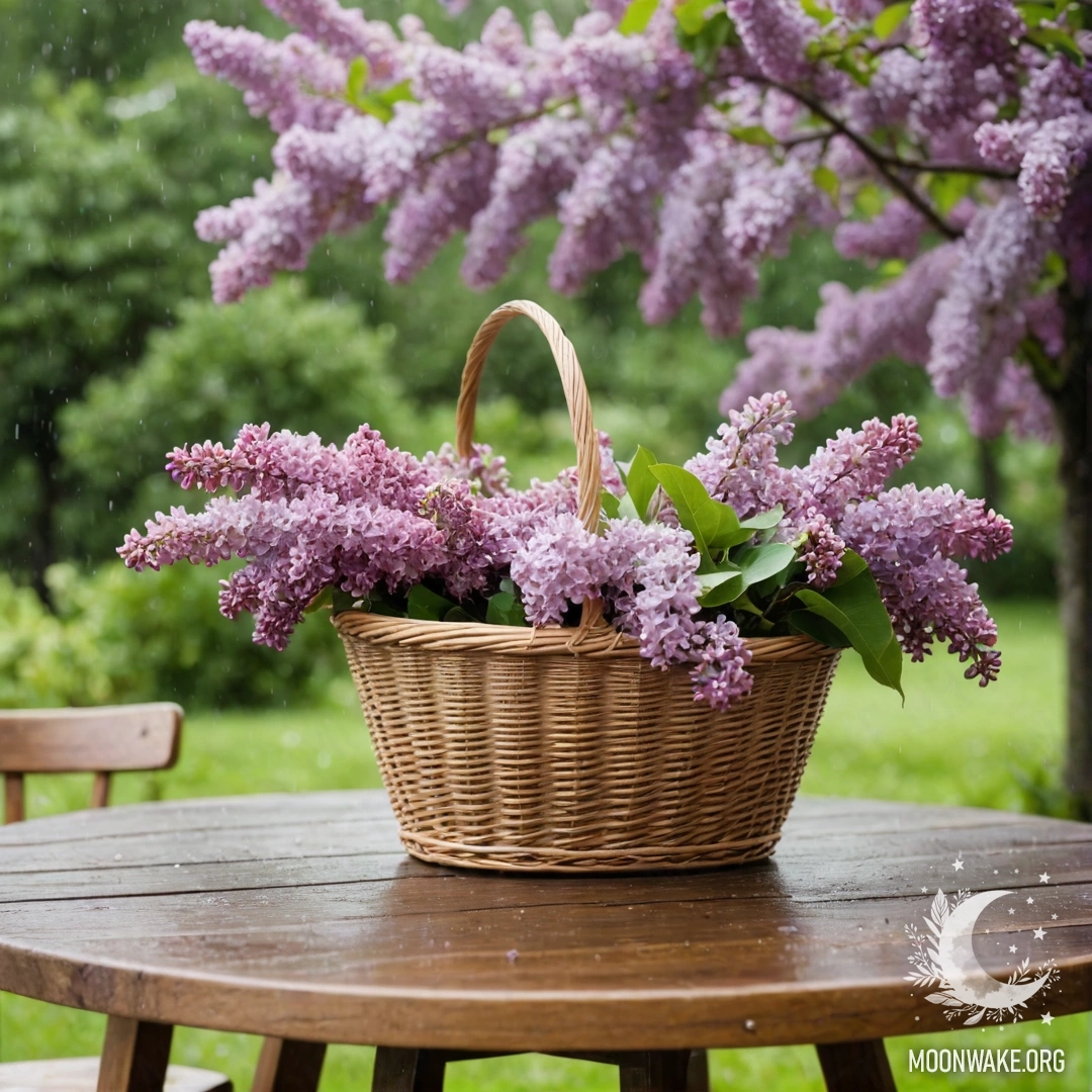 Винтажный деревянный стол с корзиной сирени в зелёном саду под дождём.