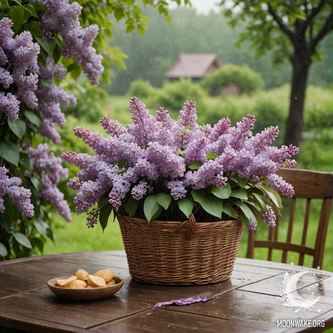 Старинный деревянный стол с корзиной пурпурных лилий в саду под дождем.