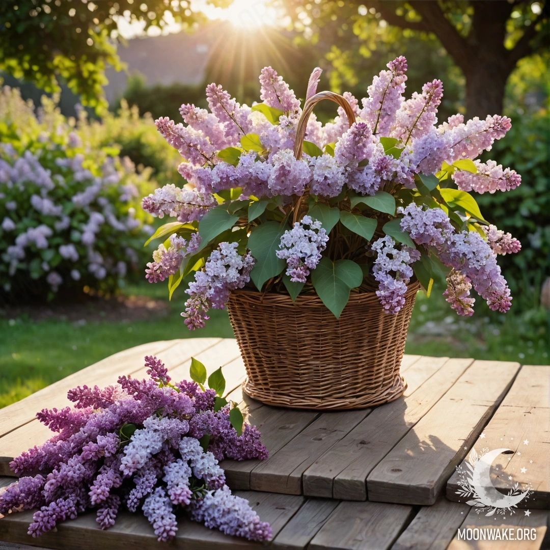 Красивый винтажный деревянный стол в саду с корзиной сирени на закате.