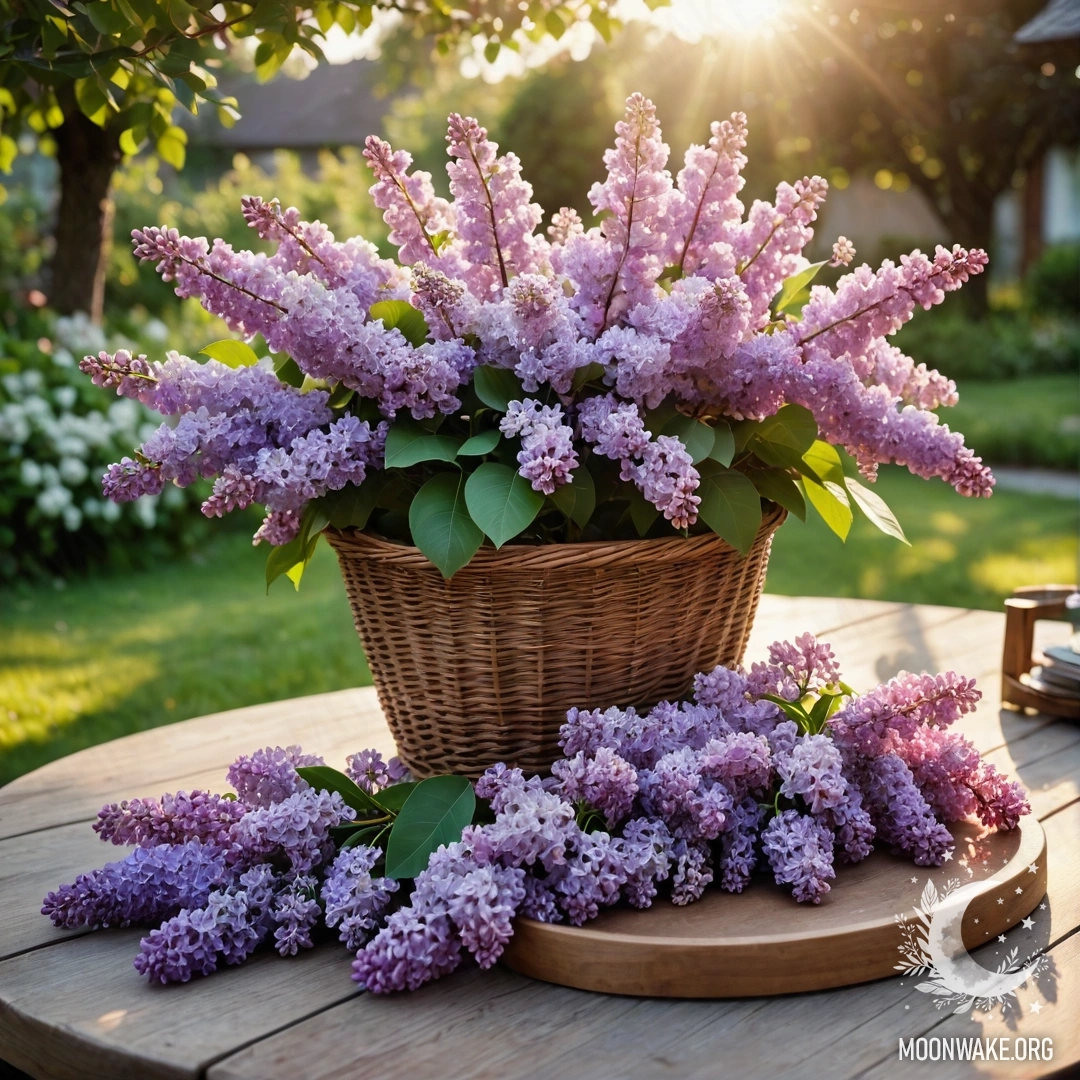 Винтажный деревянный стол рядом с корзиной с лавандой в саду на закате.