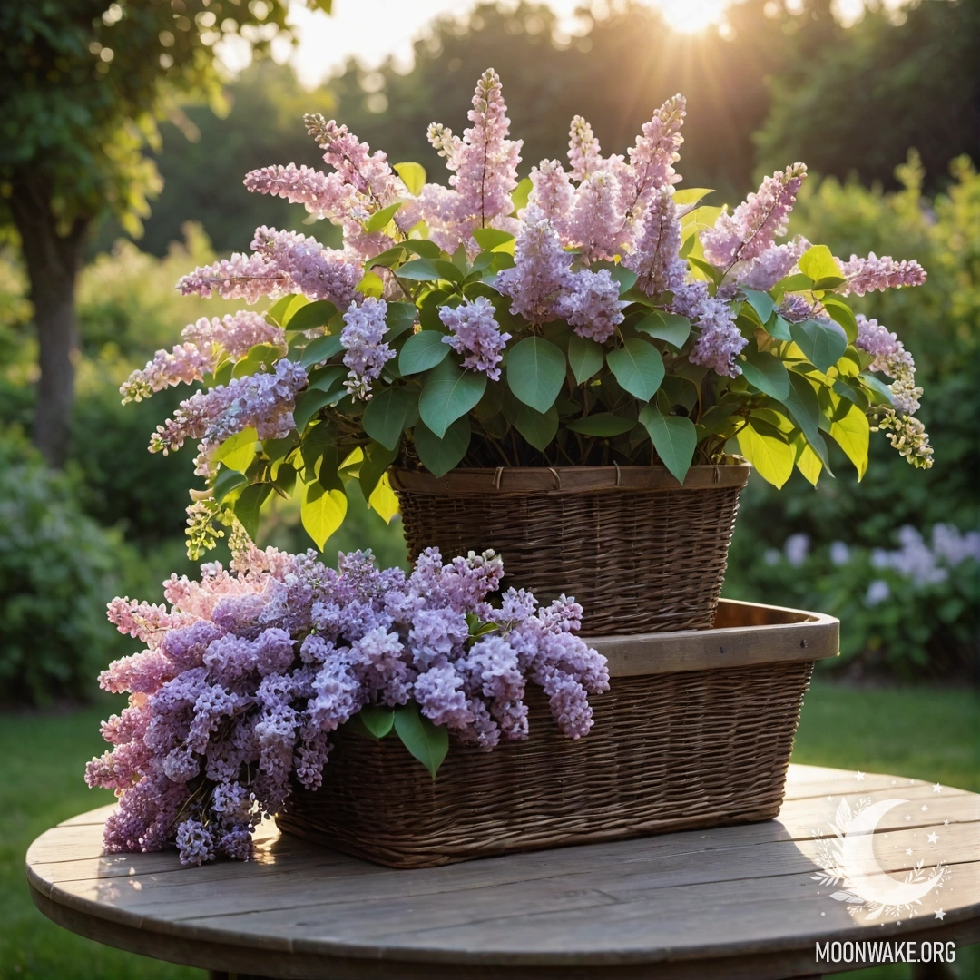 Старинный деревянный стол с корзиной сирени в саду на закате.