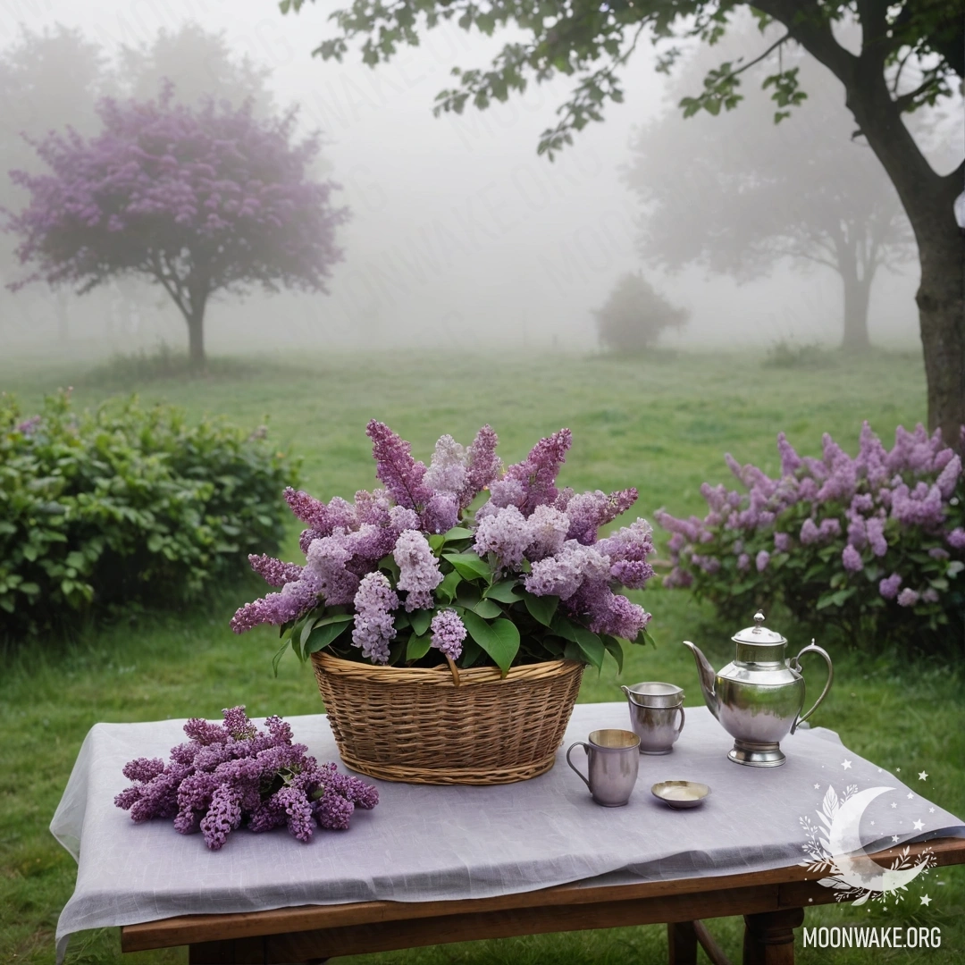 Винтажный деревянный стол с корзиной сирени в туманном саду.