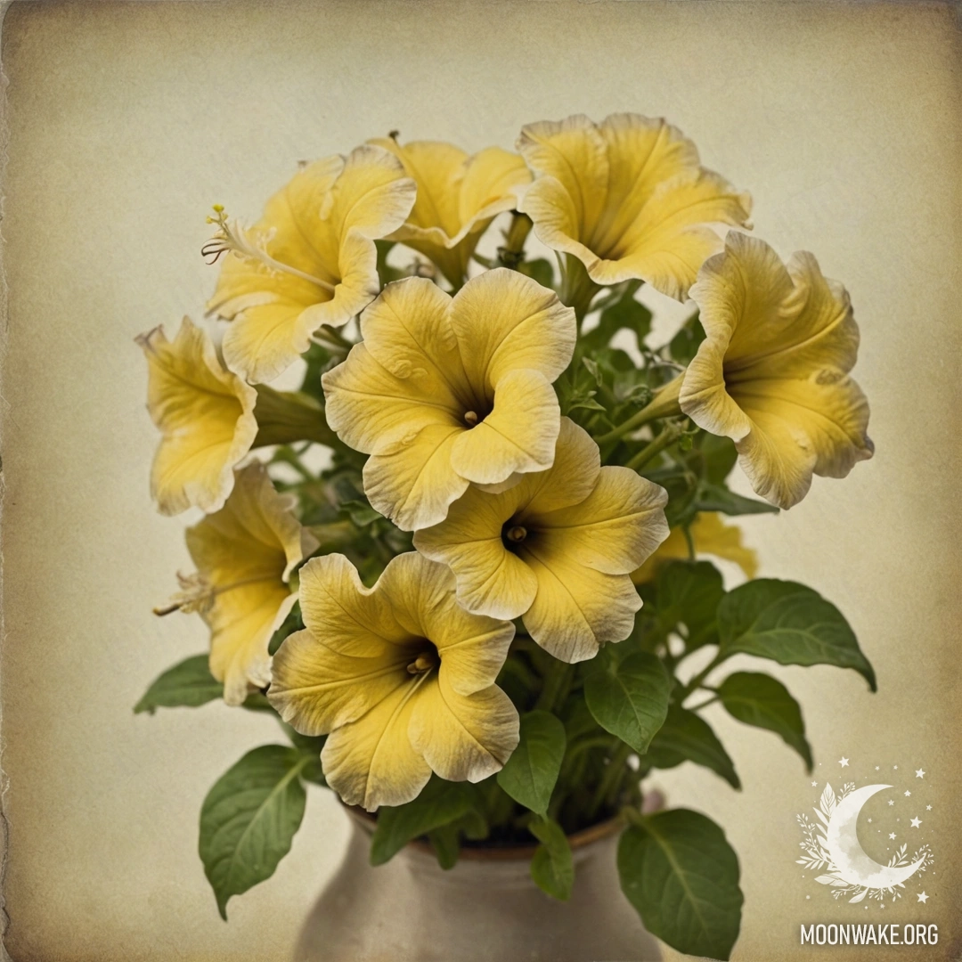 Нежный букет желтых петуний, окутанный туманом.