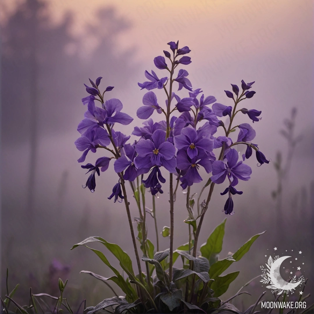 Букет фиалок, окутанный нежным туманом на закате.