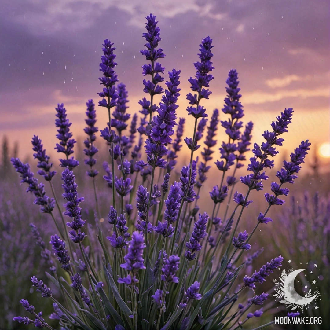 Красивый букет фиалок в тумане под дождем на закате.