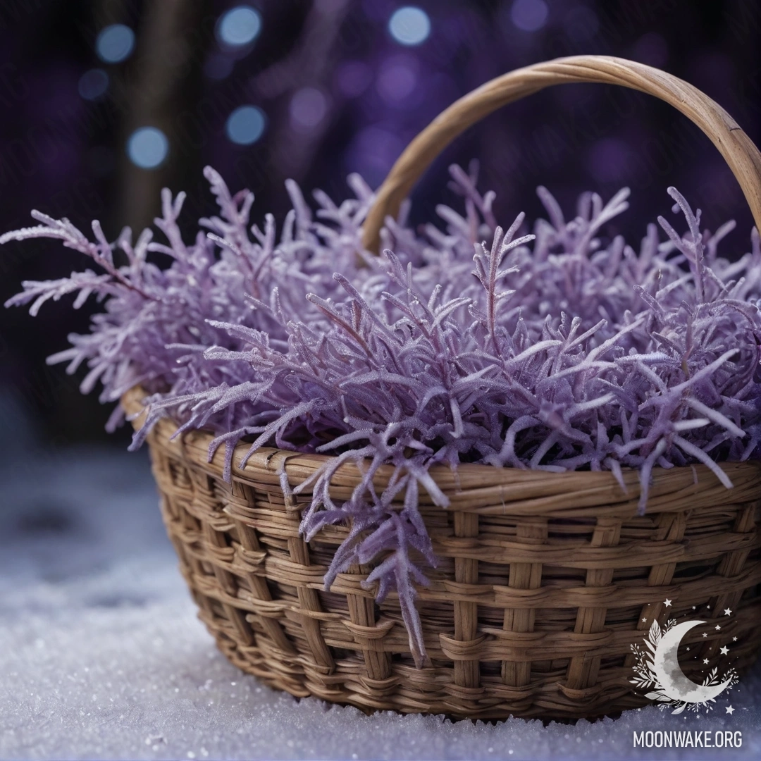 Корзина с сиреневыми элементами на фоне морозной ночи.