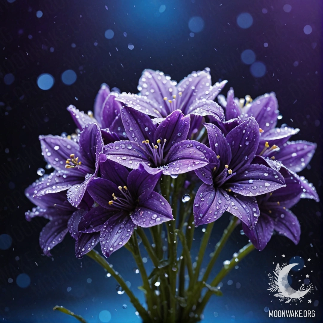 Букет синих цветов на фиолетовом фоне ночи с каплями росы.