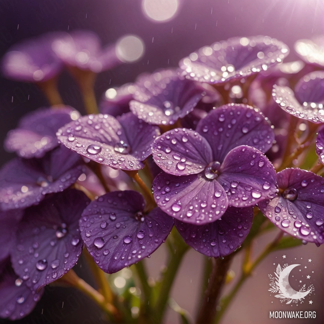 Крупный план фиолетовых цветов, украшенных каплями росы, сверкающих на солнце.