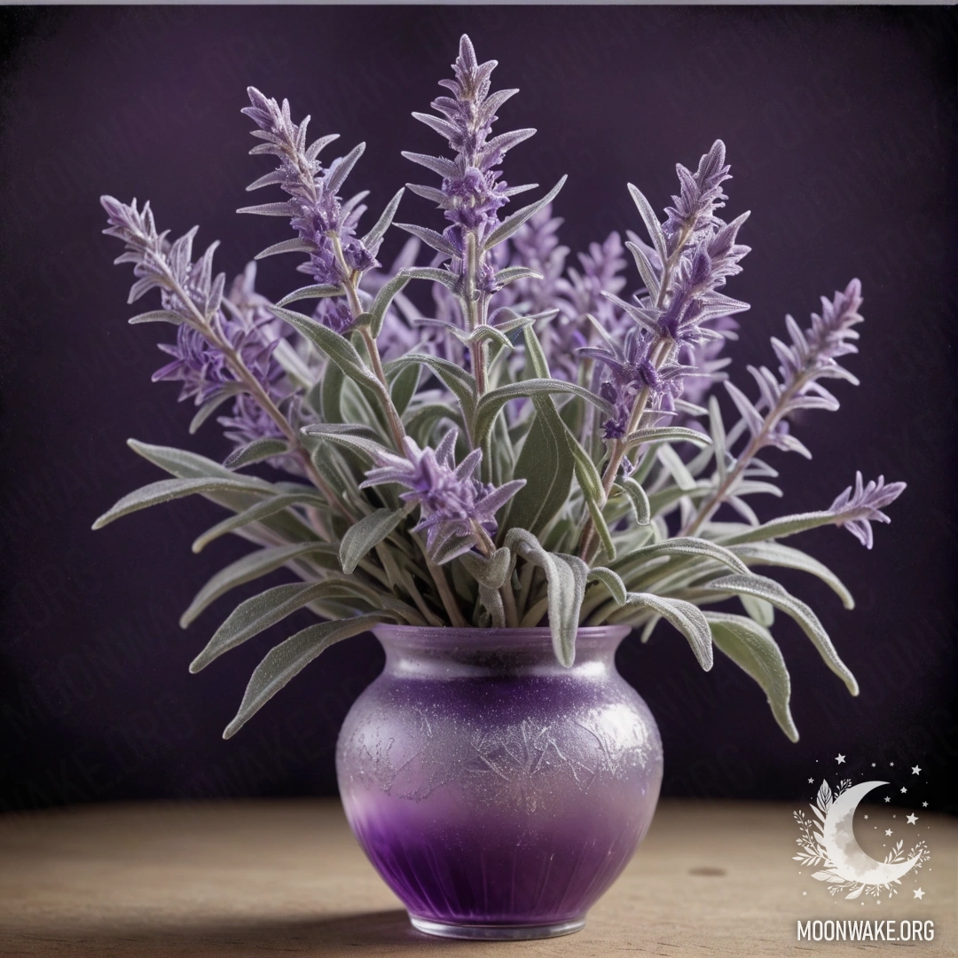 Сосуд нежного шалфейного цвета сholds фиалку, окруженную морозом, ночью.