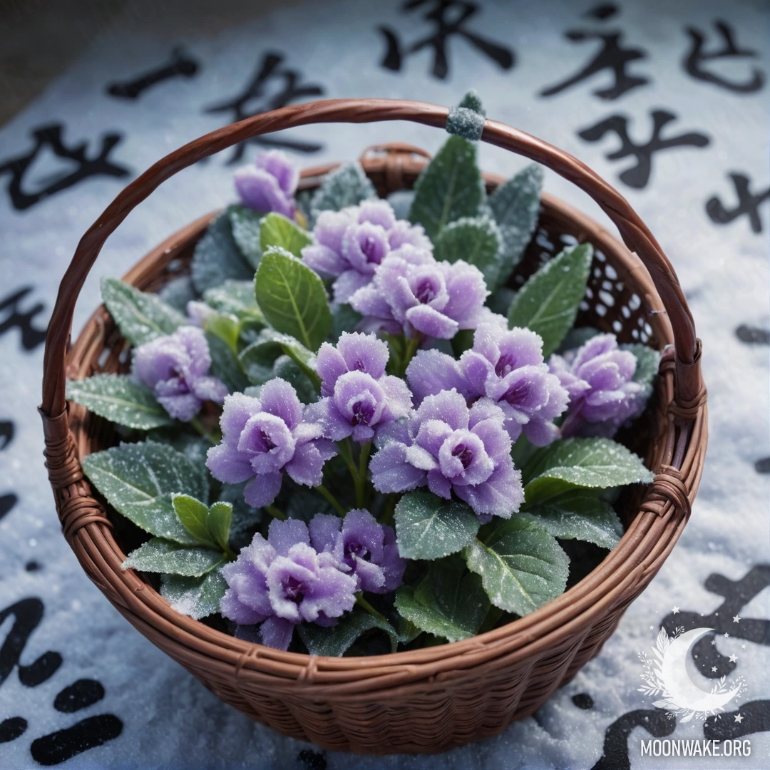 Красивый цветок фиалки в корзине, покрытой морозом и зелеными листьями.