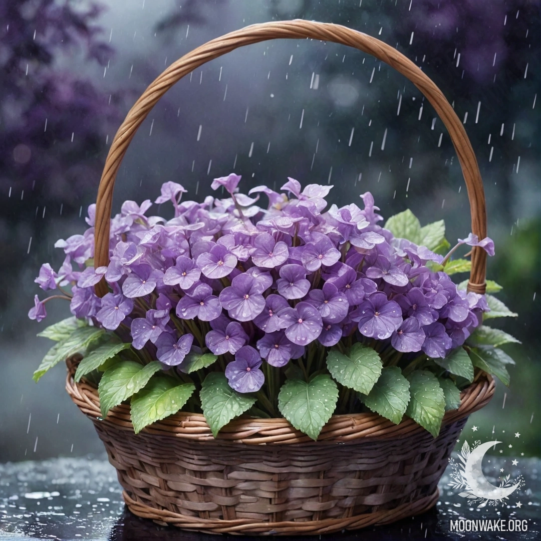 Фиалка в корзине цвета мяты, окруженная туманом и дождем в ночи.