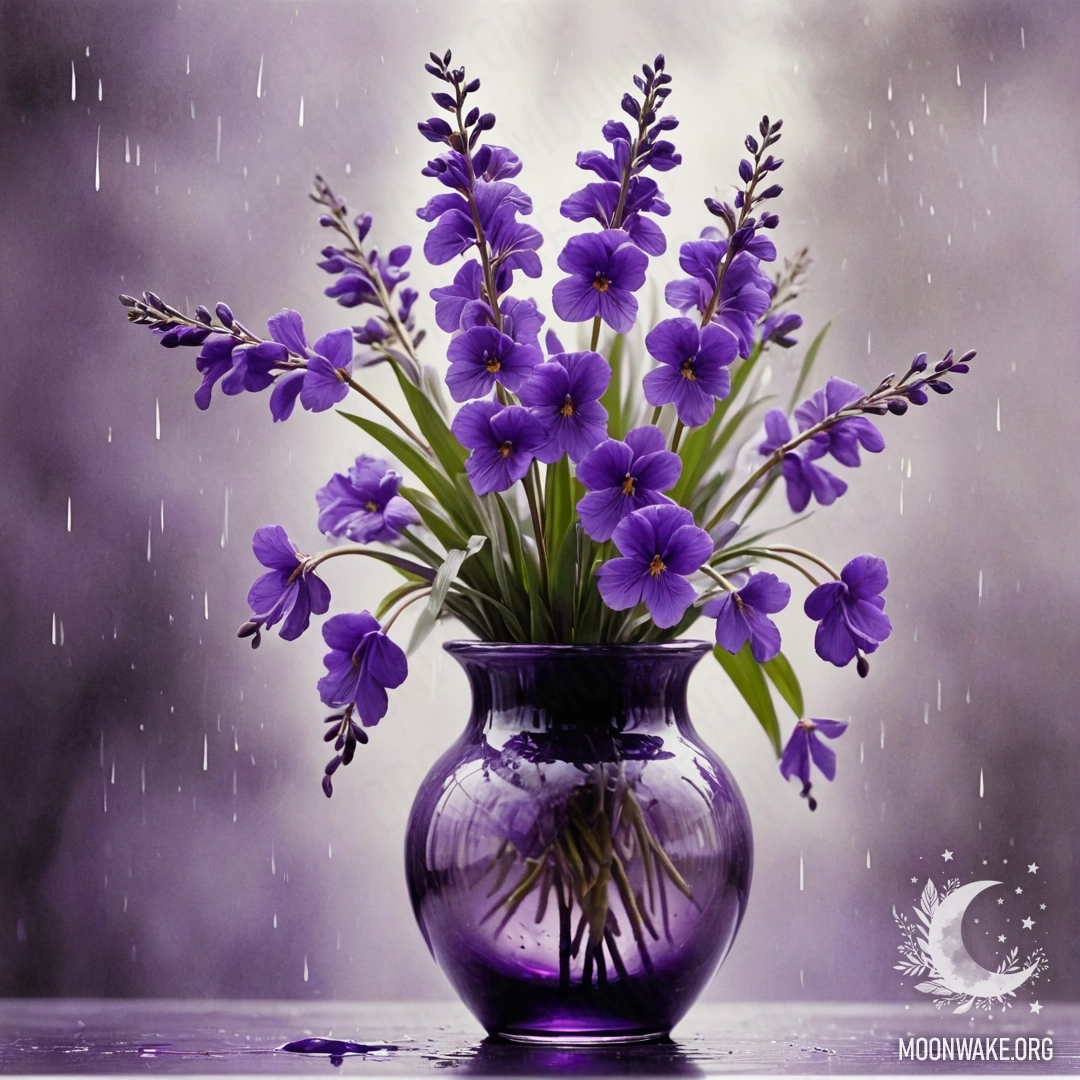 Фиалка в вазе оливкового цвета, окруженная дождем и туманом.