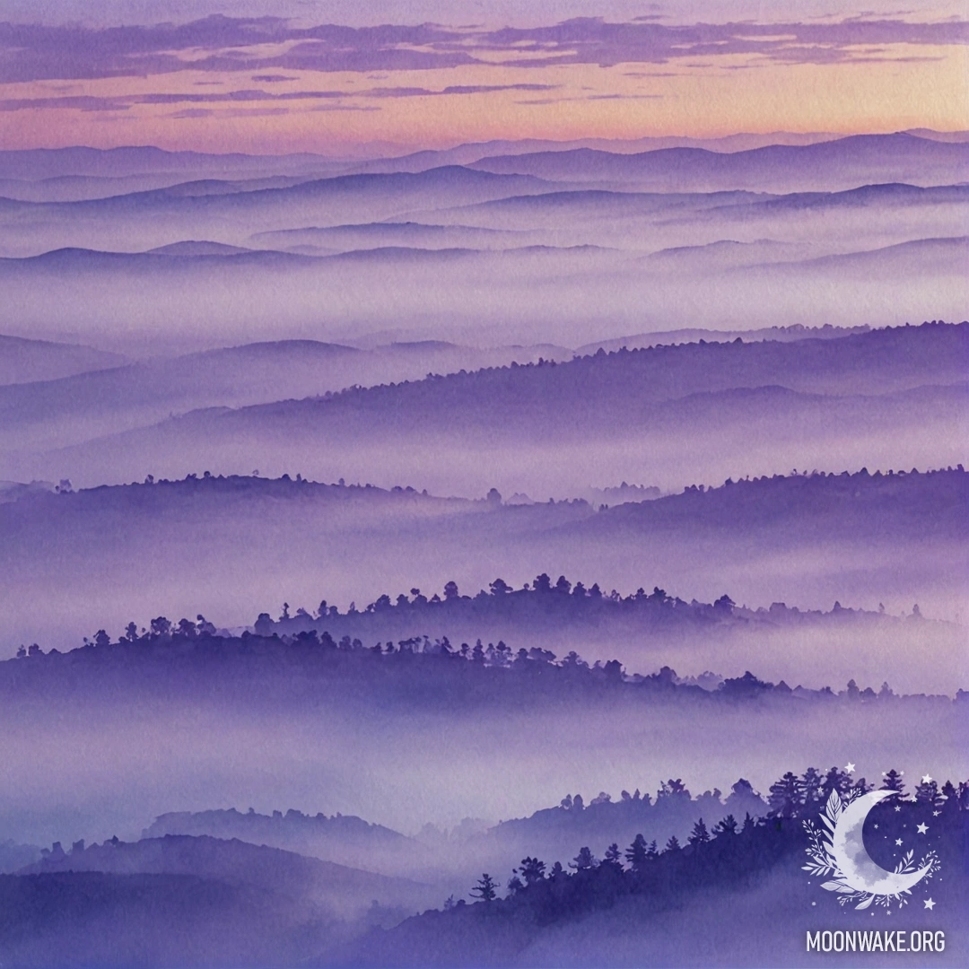 Красивый цветок фиалки окружённый туманом на закате, с небесно-голубым фоном.