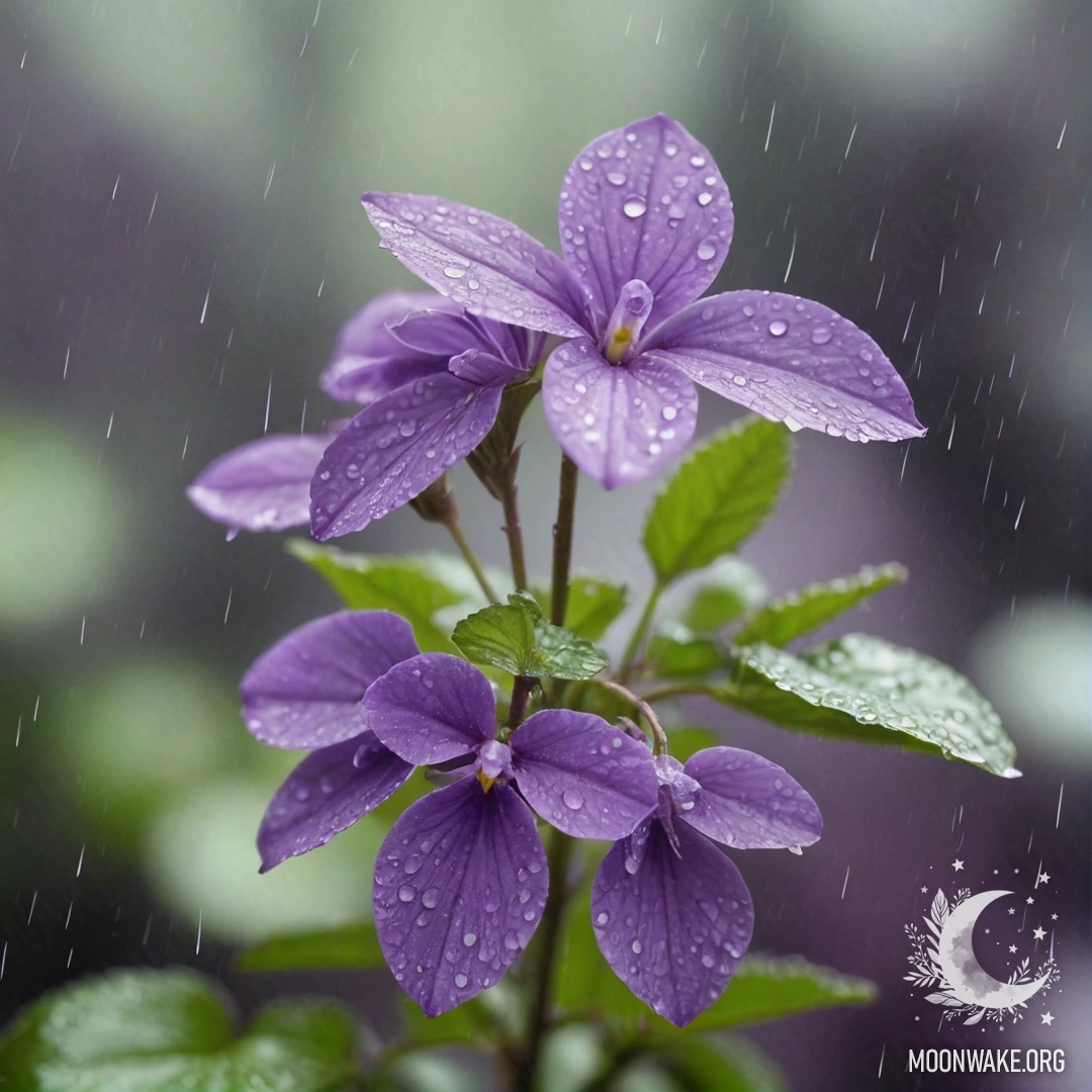 Красивый цветок фиалки, окружённый туманом и каплями дождя, на фоне лаймового цвета.