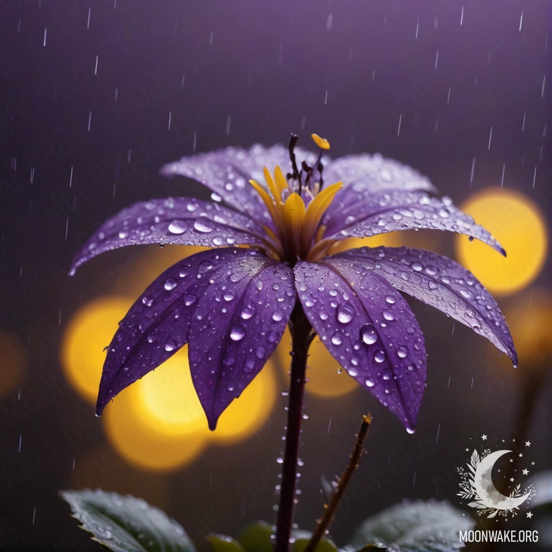 Минималистичный пейзаж с фиолетовым туманом и желтыми стразами под дождем ночью.