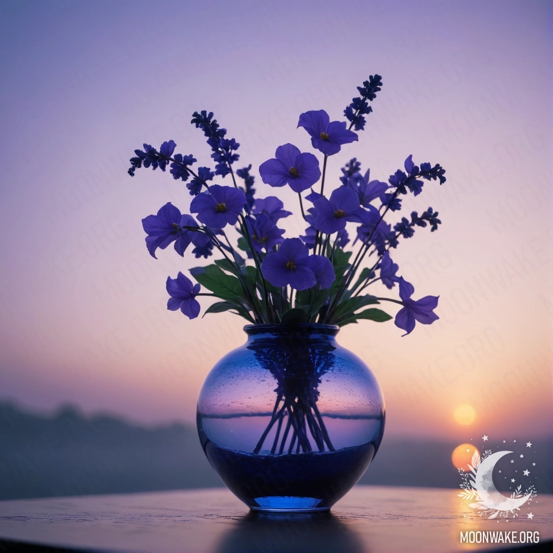 Синий вазон с фиолетовыми цветами, окружённый туманом на закате.
