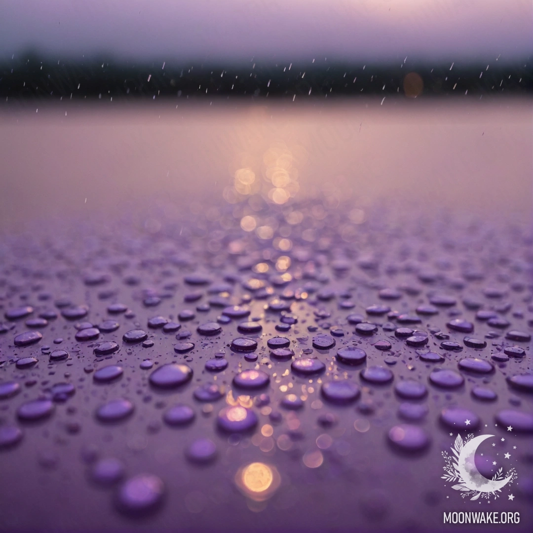 Спокойный пейзаж фиолетовых оттенков и капель дождя на закате, украшенный мерцающими пайетками.