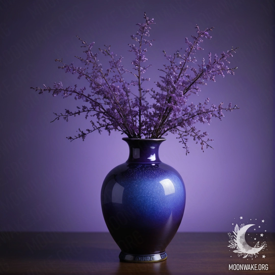 Синяя ваза с фиолетовым туманом внутри ночью.