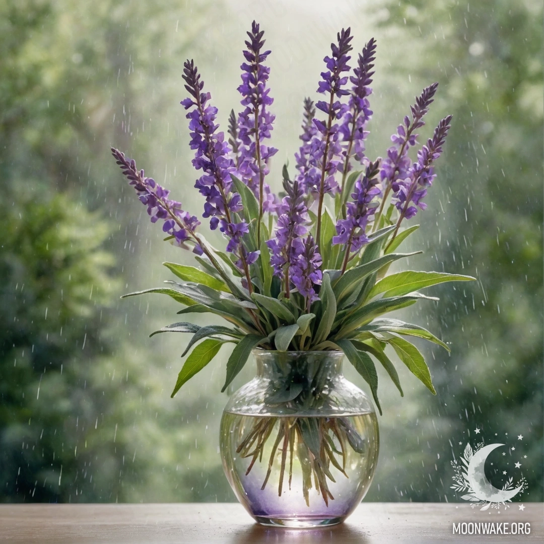 Ваза с мирными сиреневыми цветами в тумане под дождем, солнечные лучи пробиваются сквозь облака.