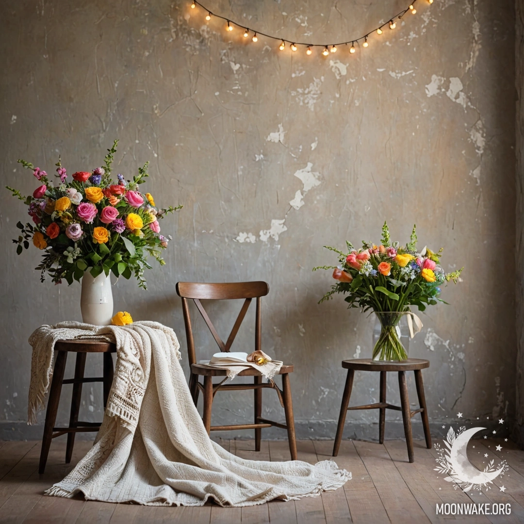 Стул на фоне потрескавшейся стены с пледом и букетом цветов