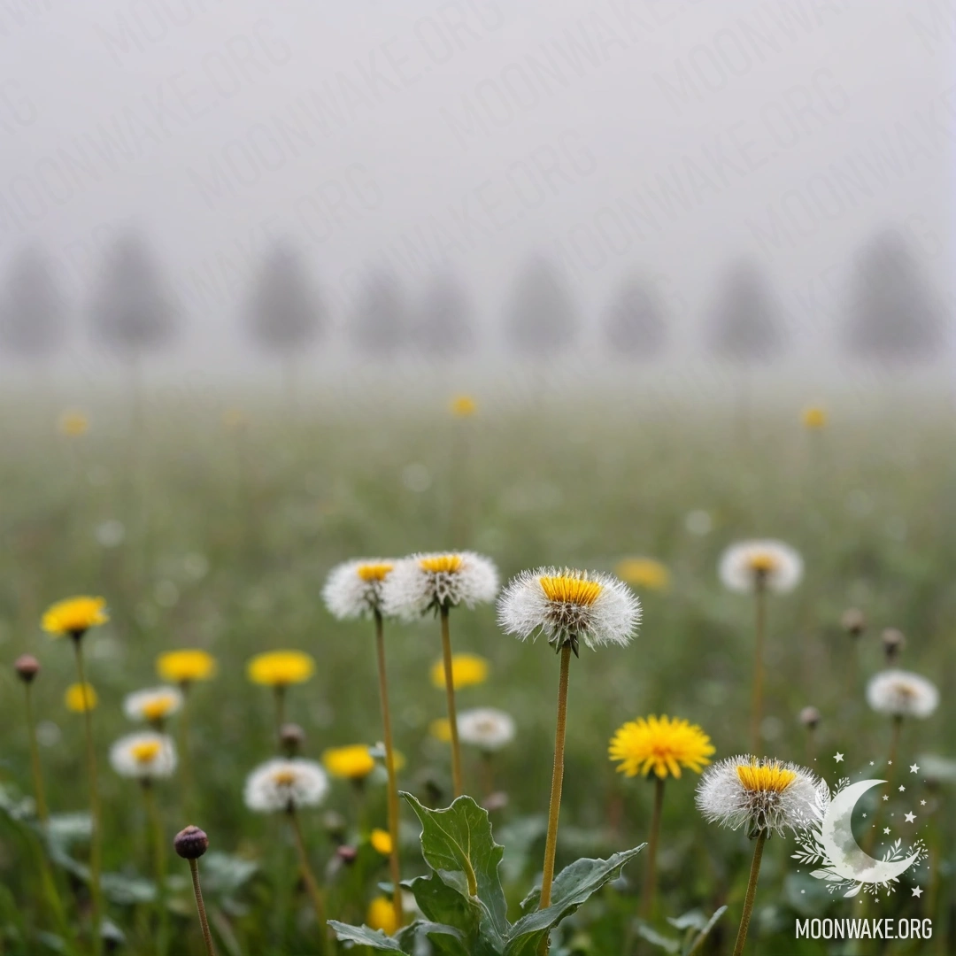 Крупный план одуванчиков, окруженных всемиром цветочных размытых силуэтов в густом тумане.