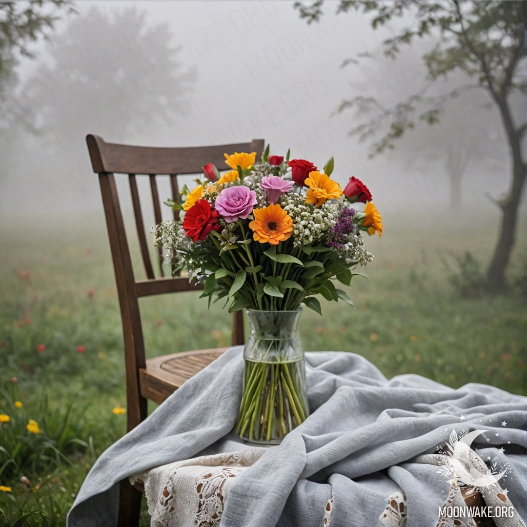 Абстрактное изображение стула на фоне обшарпанной стены, украшенное пледом и букетом цветов в плотном тумане.