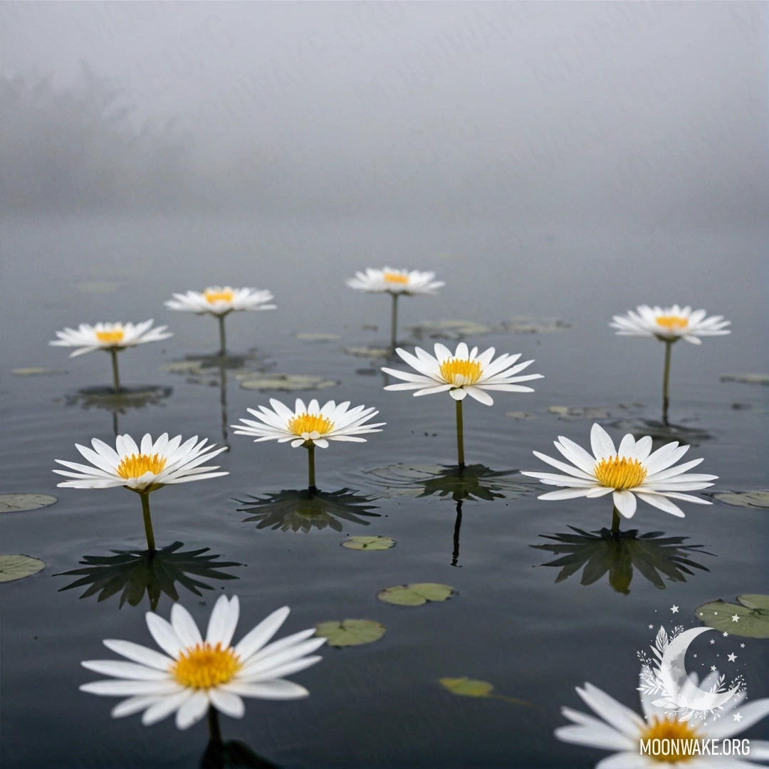 Абстрактное изображение белых цветов, плавающих на тумане над поверхностью воды.