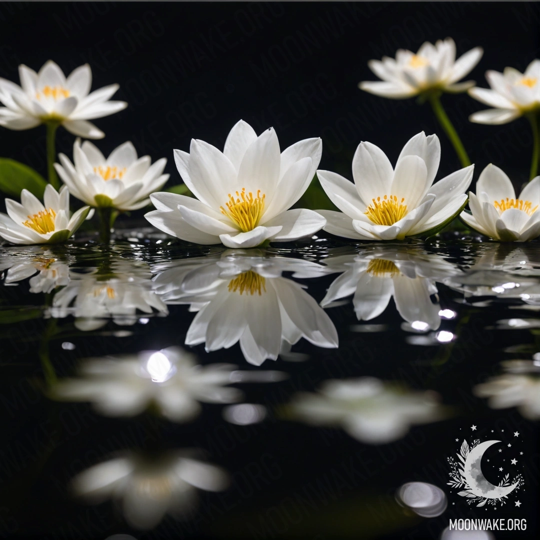 Нежные белые цветы, плавающие на спокойной поверхности воды под ночным небом.