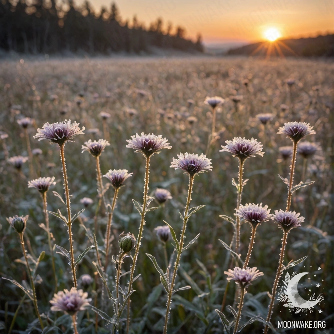 Восхитительный вид на полевые цветы, покрытые инеем, на фоне заката в оттенках кофе.