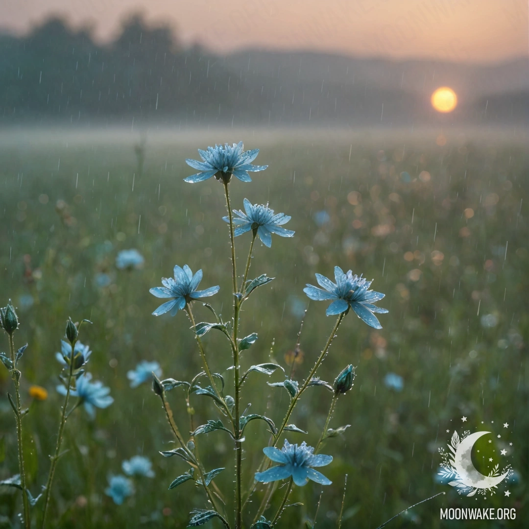 Спокойный пейзаж с разноцветными полевыми цветами, окутанными туманом, под легким дождем на закате, с аквамариновыми оттенками, освещающими ландшафт.